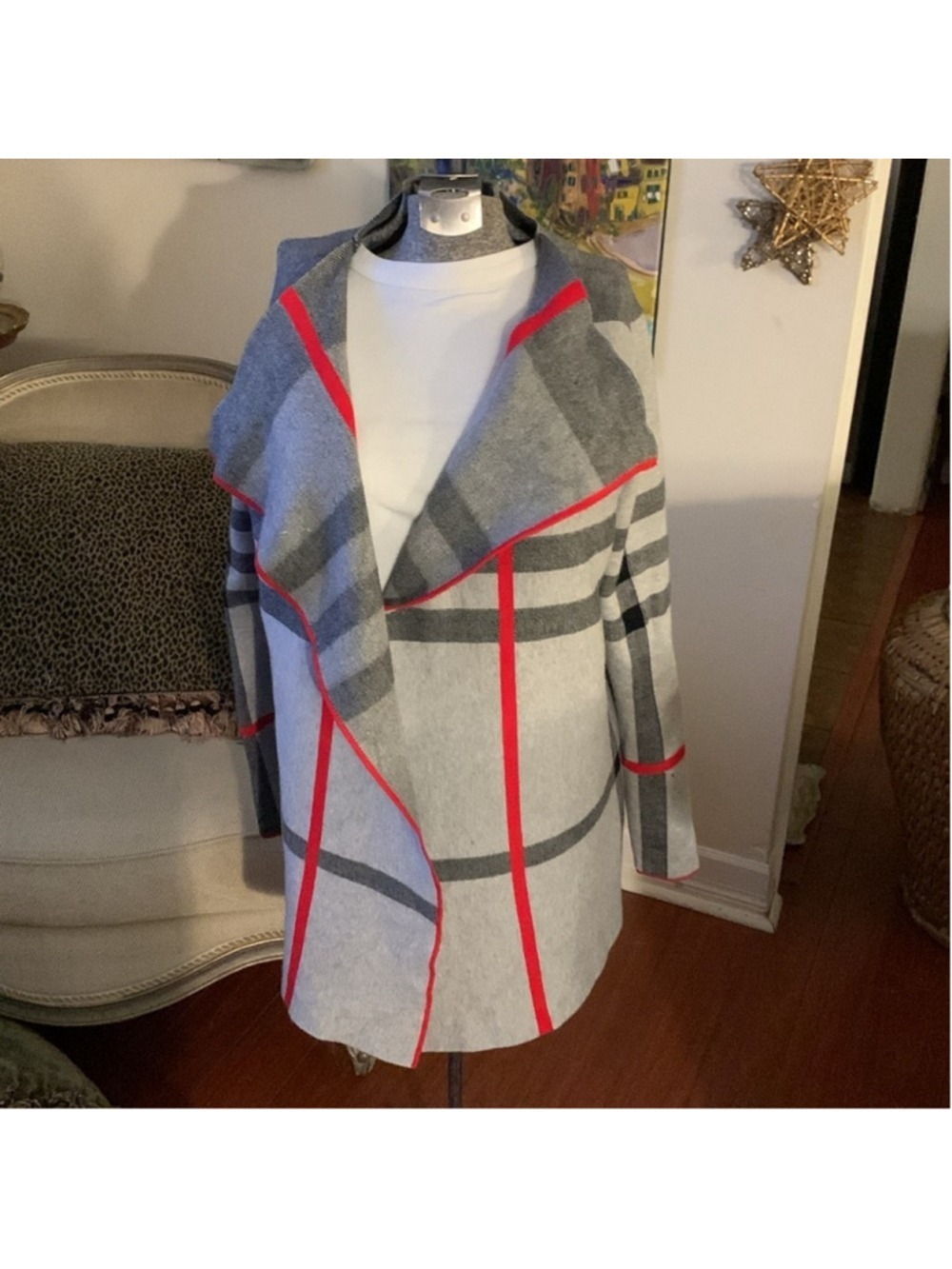 Alison Sheri plaid grey, red and black shacket/shardigan cardigan small - Picture 6 of 12